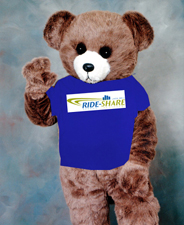 An artist's rendition of the Ride-Share bear wearing his Ride-Share t-shirt. Silly bear!
