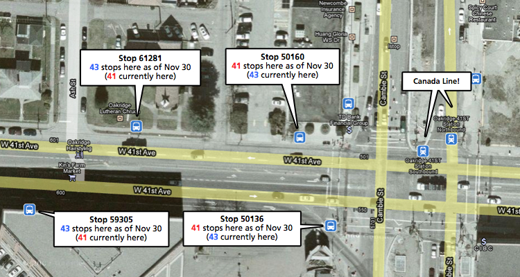 The 41 and 43 will switch stops near Oakridge-41st Avenue Station. Click this map for a much larger version!