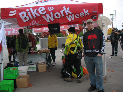 Mike Grant, bike mechanic from Edmonds Cycle, at the Bike to Work Week commuter station at Metrotown.