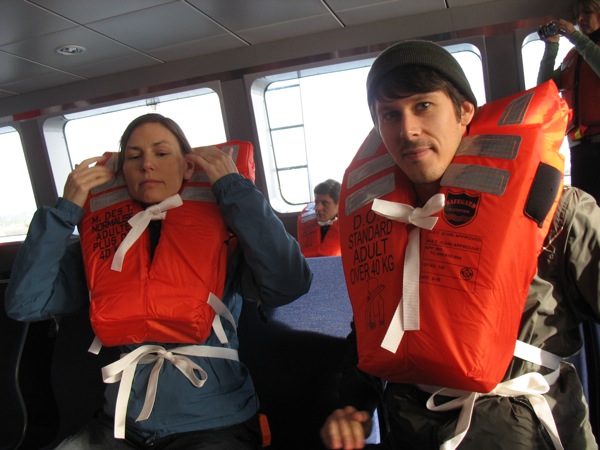 Two of TransLink’s staff model the life vests.