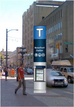 Artist’s rendering of alternate T markers to be posted near some stations. This is not the finalized location for this sign!