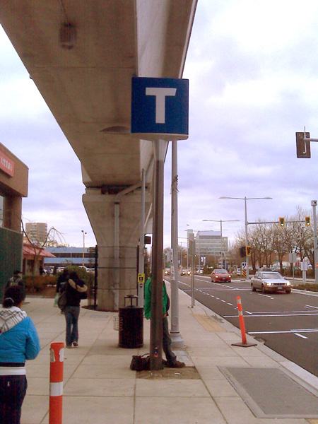 New T markers will be posted at three Canada Line stations this December. This one is at Richmond-Brighouse Station.