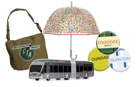 A Chicago Transit Authority messenger bag; a New York subway umbrella; buttons from the Toronto system; and a model bus from L.A.