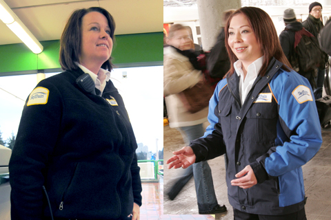 SkyTrain attendants wear a blue jacket or a black sweater. In warmer weather, they may wear a black vest or a white shirt with the SkyTrain logo.