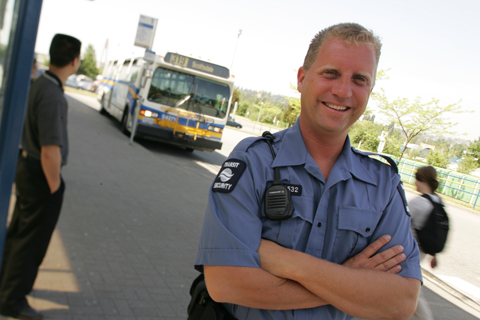 Transit Security personnel wear blue shirts in the summer -- in winter they wear yellow jackets.