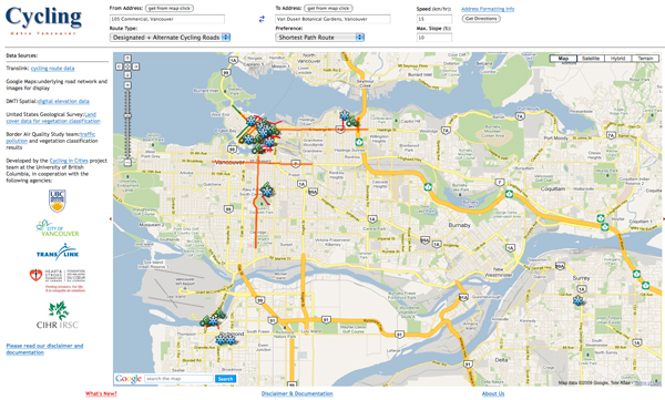 A screenshot of the UBC cycling trip planner.