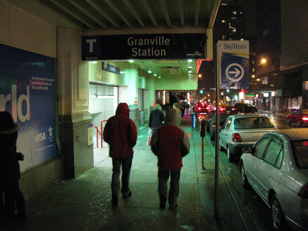 The new entrance name sign at Granville Station. (Yes, somebody has messed with the SkyTrain arrow sign at right – we are going to remove it!)