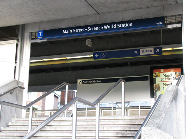 Station entrance signage at Main Street-Science World Station.