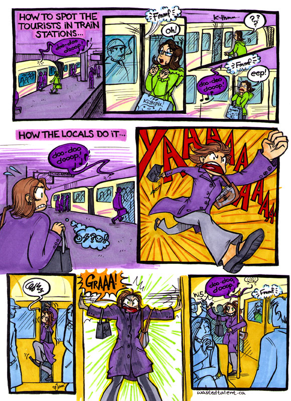 Angela Melick's Commuterlympics comic, from her webcomic <a href=http://www.wastedtalent.ca/>Wasted Talent</a>!