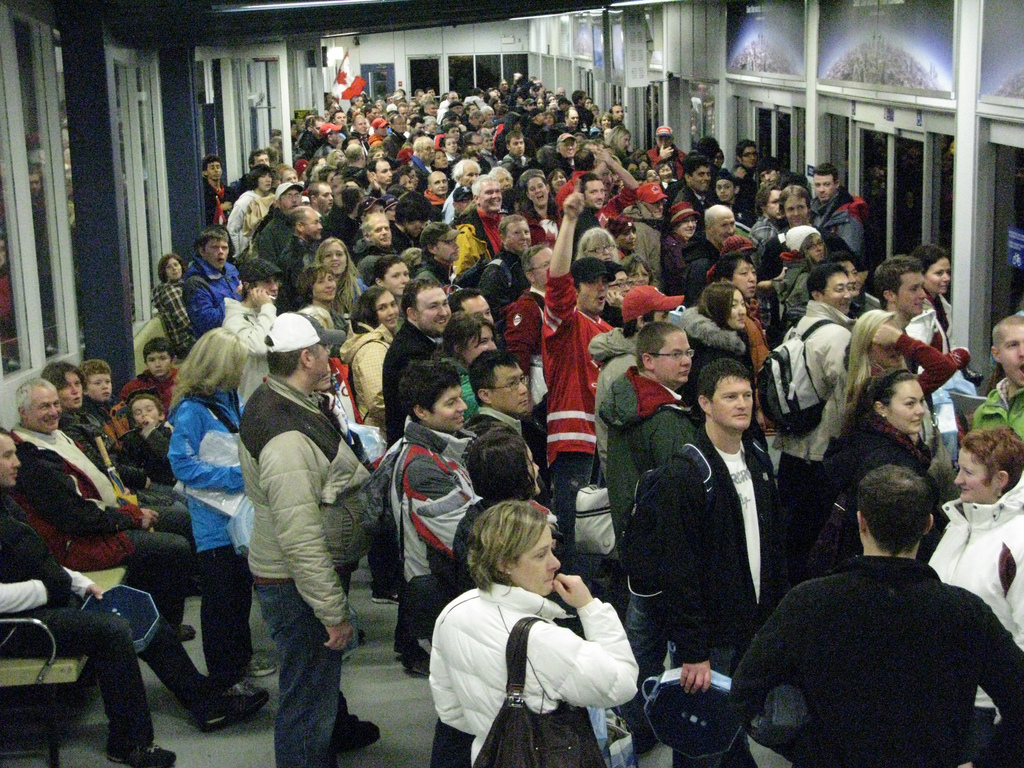 Crowds waiting at the SeaBus south terminal at Waterfront after the opening ceremonies on Friday, February 12.
