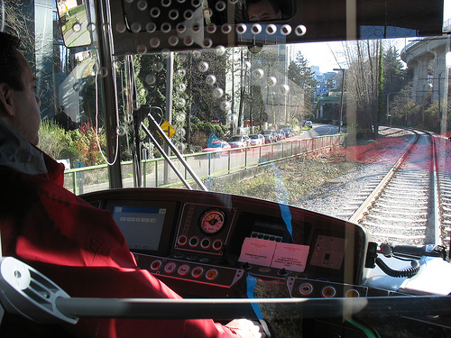 The view over Matthew's shoulder as he drives the streetcar.