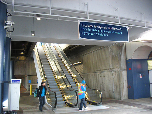 The escalator leading up to the Olympic Bus Network departure hub. It’s just to the right of the bus loop when you exit the SeaBus north terminal at Lonsdale Quay.