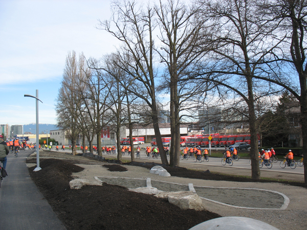 Near the Oval, it became clear that you could leave the road and ride up onto the new bike trails running next to the Oval and the UBC Aquatic Centre. This photo is taken from the path, looking at the road alongside.