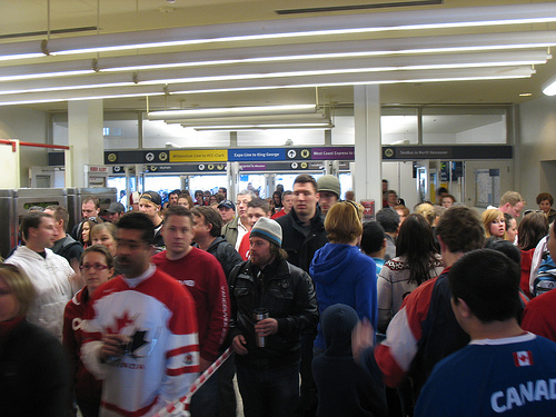 1,900 West Coast Express riders file into Waterfront station on the left: SeaBus riders flow into the SeaBus station on the right.