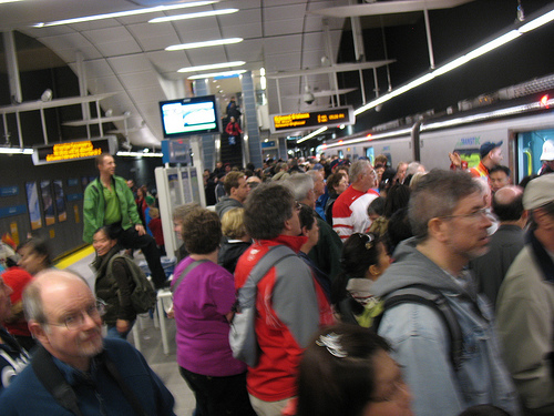 Here is the crowd I passed on the Waterfront platform, waiting to board the next Canada Line train.