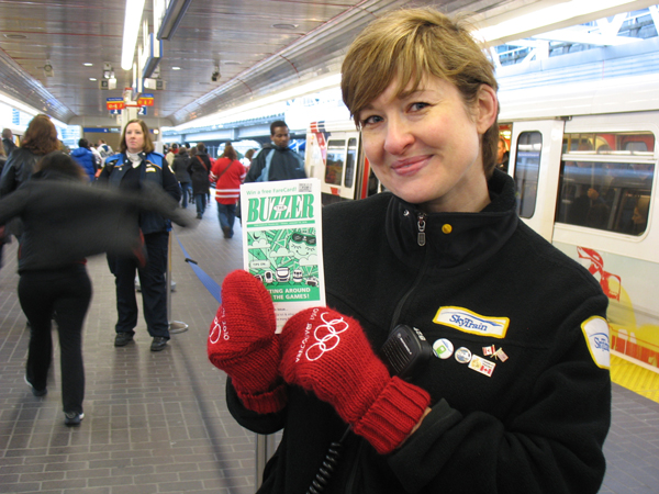 Lisa, a SkyTrain attendant at Stadium, was giving out Buzzers to customers who were asking about free events (there’s a short list of them on the back, compiled from the CityCaucus.com free events list!)