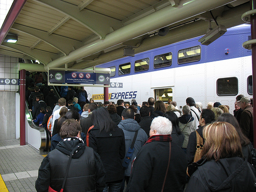The crowds pouring off the last regular morning train, arriving at Waterfront at 8:40 a.m.