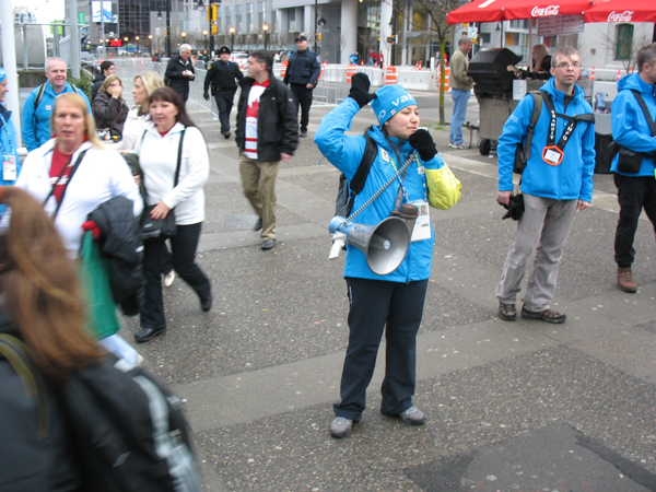 A VANOC volunteer had a loudspeaker and was directing people toward B.C. Place.