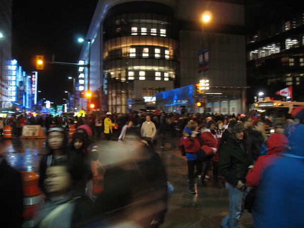 The busy crowds in the Granville pedestrian corridor. Vancouver City Centre Station is visible in the right of this photo.