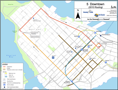 New Olympic reroutes for the 5 and 6 routes in downtown Vancouver. Click to download a PDF version of this map.