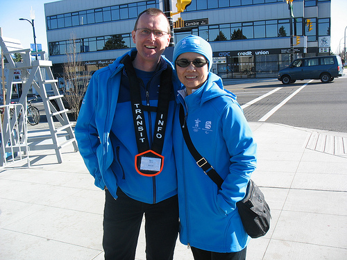 Brian, one of our transit host coordinators, with Carol Lee, TransLink's corporate secretary and a transit host for the Games. They're at King Edward Station on Sunday Feb 21!