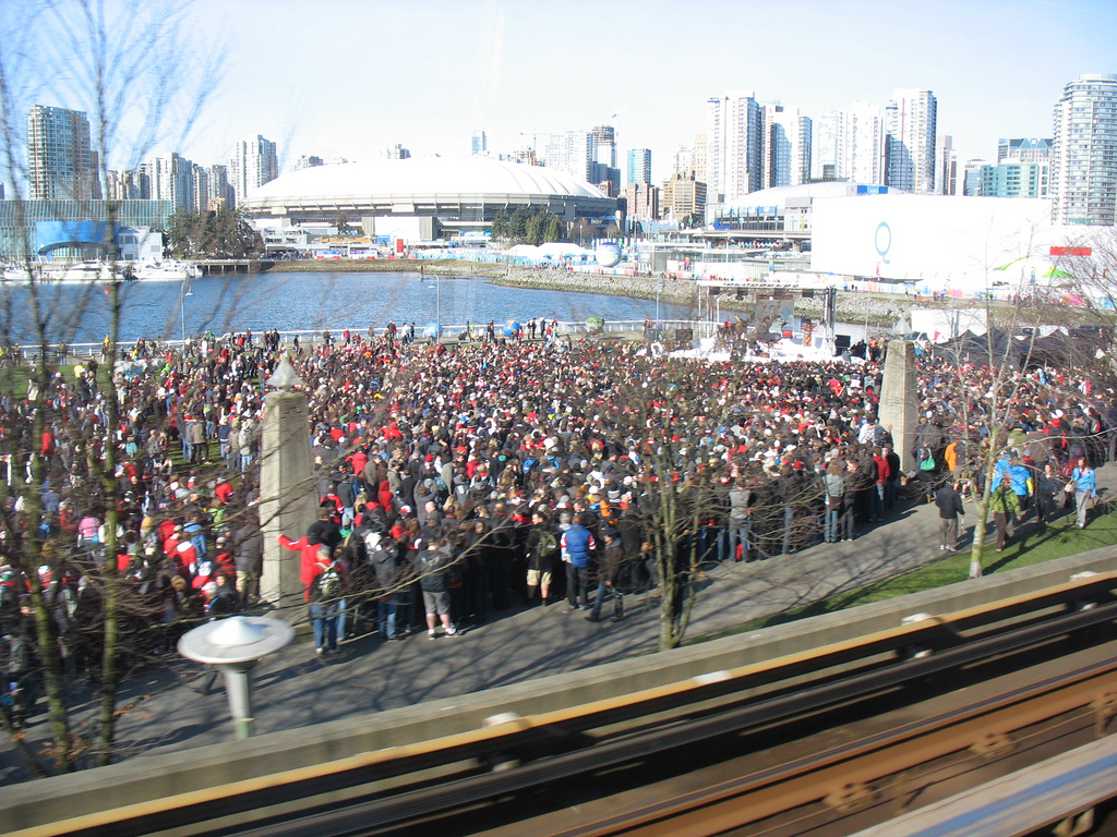 The crowds outside for the Colbert Report taping near Science World.
