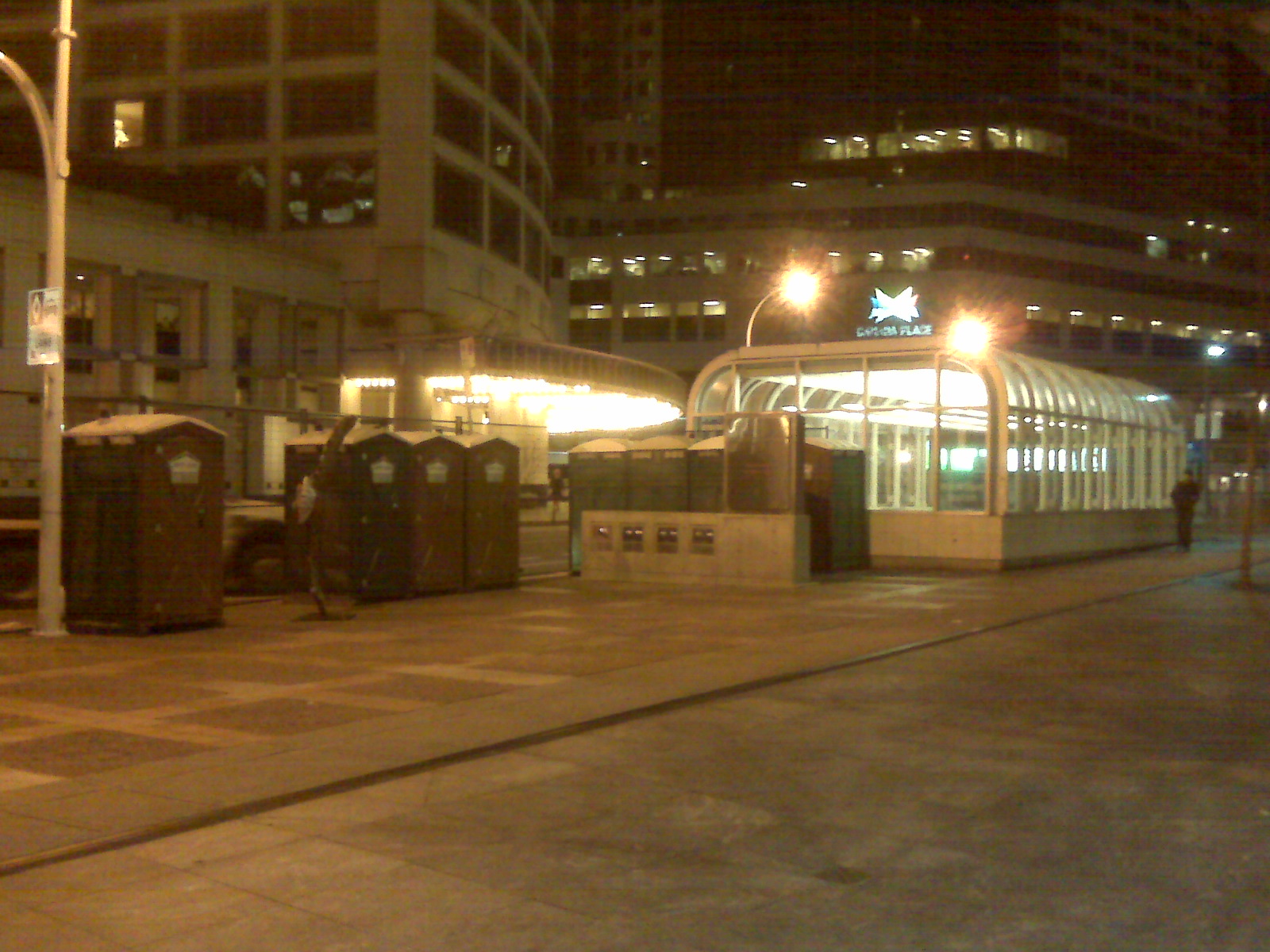 Port-o-potties beside the Howe Street entrance to Waterfront Station.