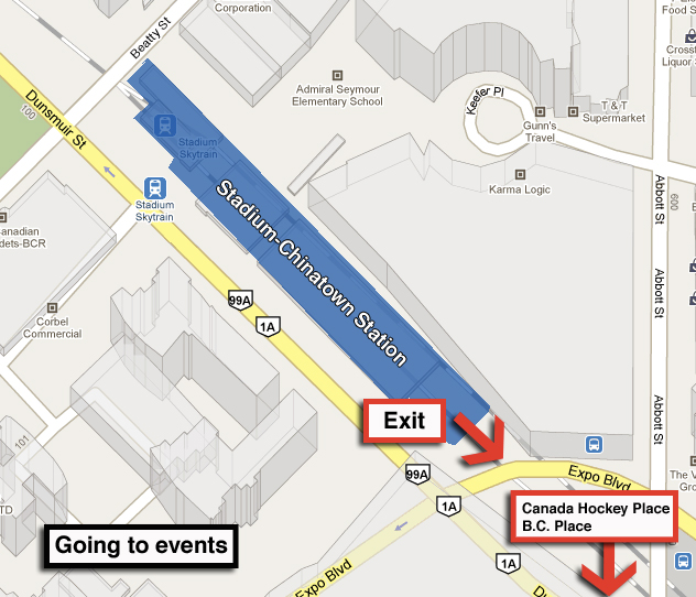 Where to exit for an event at B.C. Place or Canada Hockey Place.