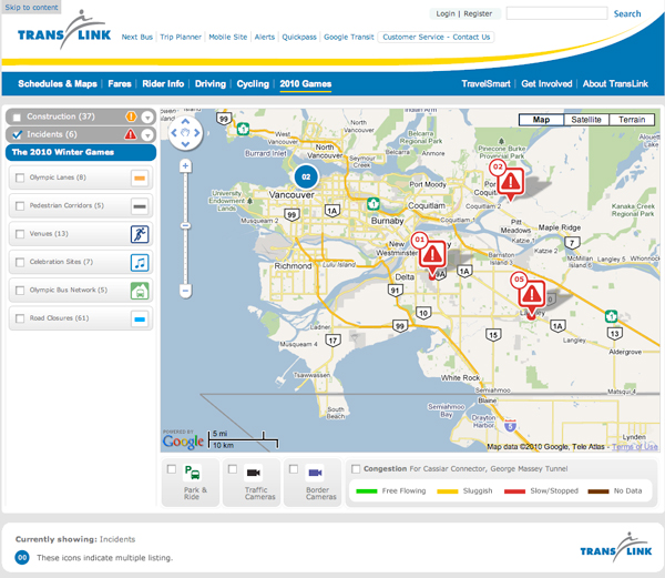 A screenshot of the <a href=http://www.translink.ca/en/2010-Games/Traffic-and-Transit-Alerts-Map.aspx>Traffic and Transit Alerts map</a>. 