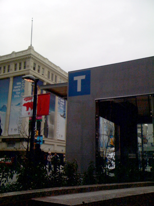 Temporary T signage at Vancouver City Centre Station.