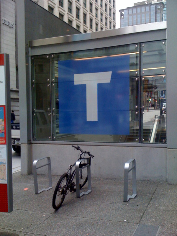 T wayfinding signage up at the Waterfront Canada Line entrance on Granville Street.