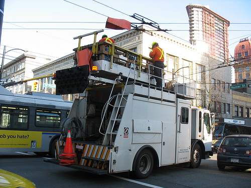 A Trolley Overhead crew repairs lines at Homer and Hastings on Friday, February 19.