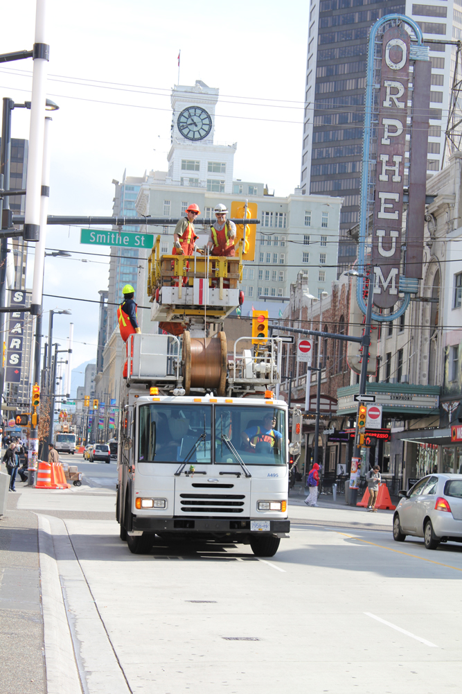Another shot of the Trolley Overhead crew on Granville Street. You can see the other crew in the distance behind them!