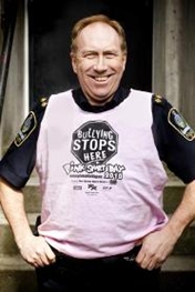 Ward Clapham, our Chief Officer of the Transit Police, wearing a pink Bullying Stops Here shirt!
