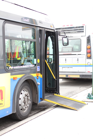 The ramp from a trolley bus on the practice curb at Vancouver Transit Centre.