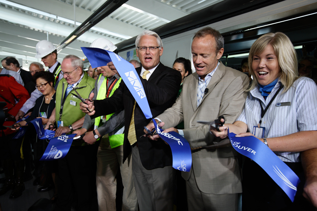 Premier Gordon Campbell, Minister Stockwell Day, and many other dignitaries cut the ribbon on the Canada Line at YVR-Airport Station, August 17, 2009.