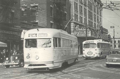 The 14 Hastings streetcar: looking north on Granville from Robson, 1950. Photo by Vic Sharman.