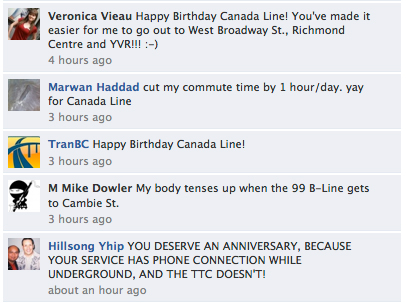 Comments on TransLink's Facebook page about Canada Line turning 2