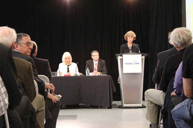 TransLink board chair Nancy Olewiler, Chief Financial Officer Cathy McLay and  CEO Ian Jarvis at TransLink's 2012 AGM