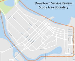 The study area for the Downtown Vancouver Local Bus Service Review.