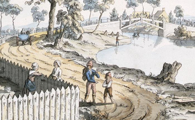 Image from public archives, A View of the Bridge over the Berthier River (detail), 1785, by James Peachey | James Peachey, Library and Archives Canada, Acc No 1970­188­1501, Collection of Canadiana, W.H. Coverdale, C­045559 http://www.civilization.ca/virtual­museum­of­new­france/daily­life/communications/