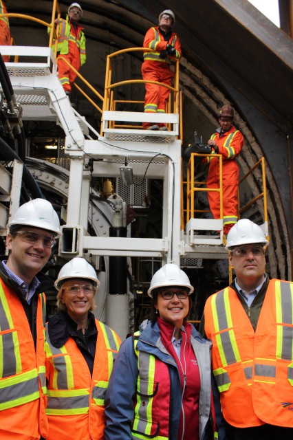 (From left to right) Minister Todd Stone, TransLink board chair Marcella Szel, Premier Christy Clark and XXX in front of, "Alice", the tunnel bording machine. 