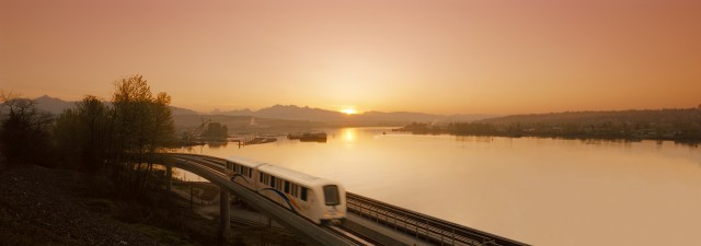 A sunrise over the SkyTrain in New Westminster.