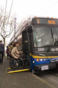 A low-floor bus with a ramp for mobility devices