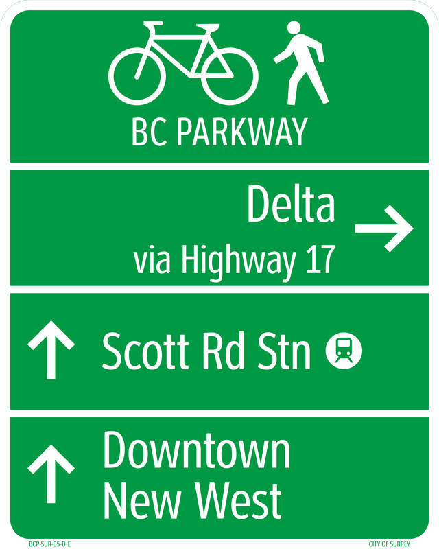 The new look to wayfinding signs along the BC Parkway