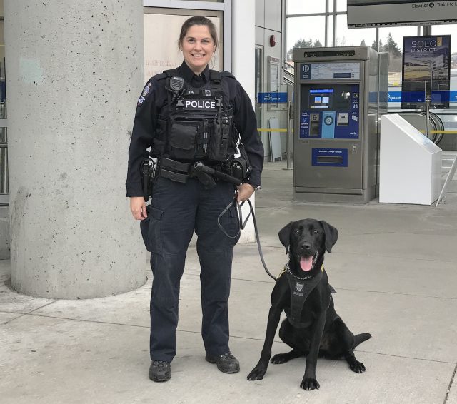 A photo of Transit Police constable Leanne Smith and police service dog Diesel