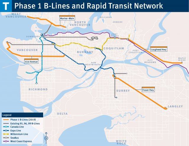 Map of proposed B-Line and Rapid Transit Routes