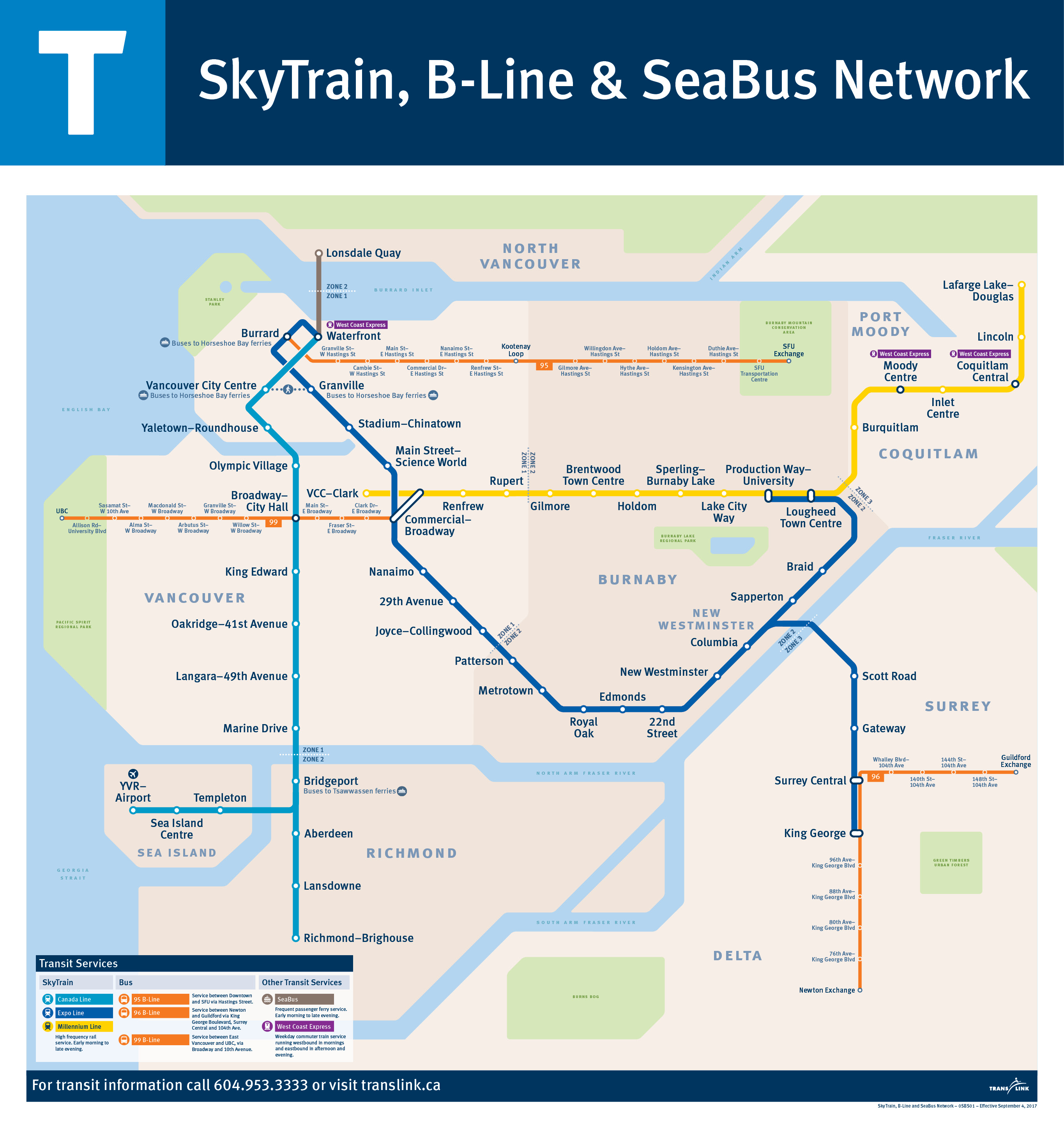 The SkyTrain, B-Line and SeaBus Network map