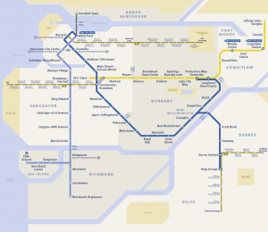 High contrast version of the SkyTrain, B-Line and SeaBus Network map
