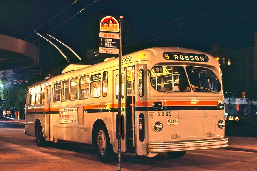 Night view of ex-Saskatoon Brill trolley 2363 on Robson W/B at Howe Street